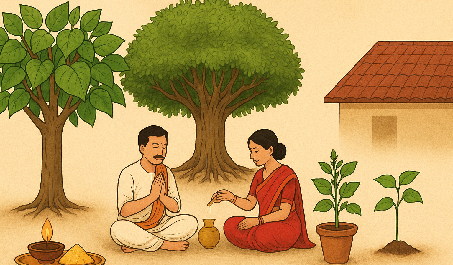 पितृ पक्ष 2025 में पीपल, वट वृक्ष और तुलसी की पूजा करते हुए घर में उगे छोटे पीपल के पौधे की पारंपरिक तस्वीर