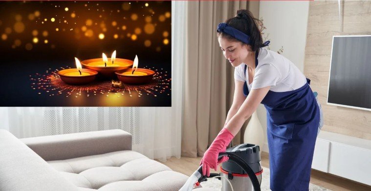 दिवाली की सफाई करते हुए महिला घर से पुराने सामान, फटे कपड़े और टूटी वस्तुएं निकालती हुई