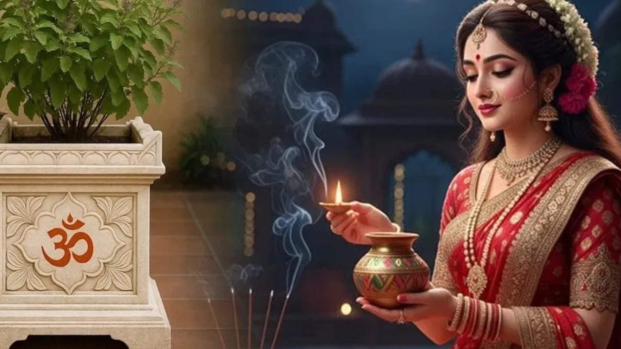 तुलसी माता का गमला सजाकर पूजा करते हुए परिवार