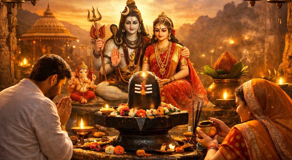 माघ शुक्ल प्रदोष व्रत 2026 में भगवान शिव और माता पार्वती की पूजा करते श्रद्धालु