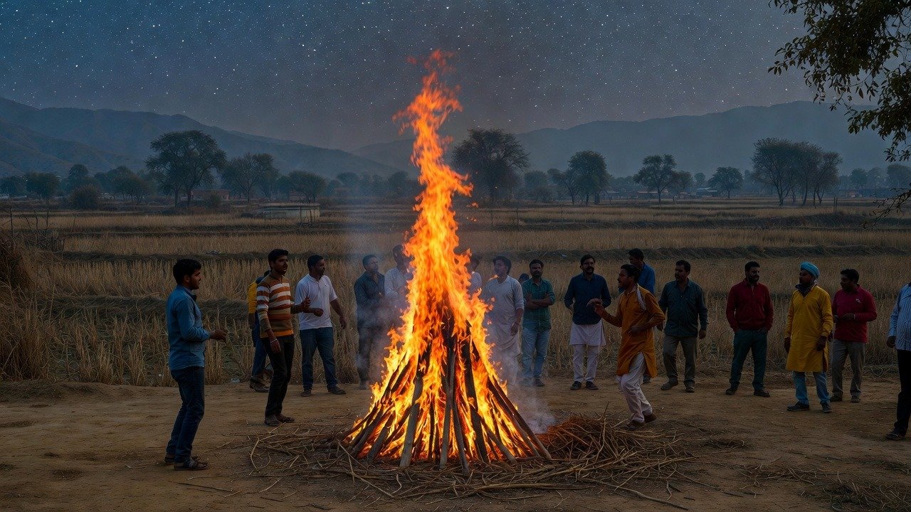 लोहड़ी पर्व का अलाव और पंजाबी लोक नृत्य करते लोग