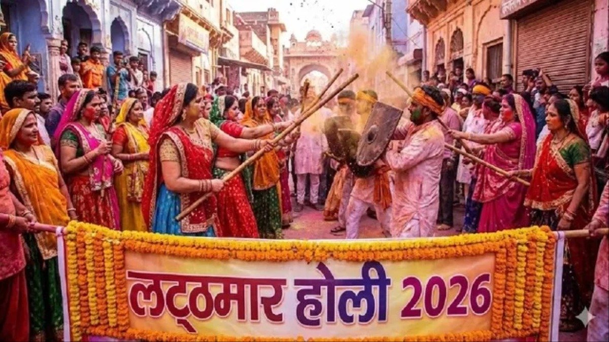 बरसाना में लट्ठमार होली के दौरान महिलाएं लाठियों से हुरियारों पर प्रहार करती हुईं, रंग और गुलाल से सजा ब्रज क्षेत्र