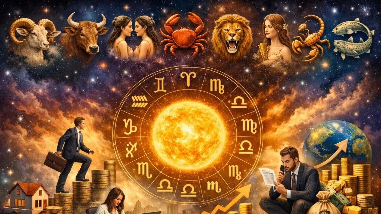 शुभ मुहूर्त में कार्यारंभ करते हुए पूजा थाली, कलश और ज्योतिष पंचांग का दृश्य