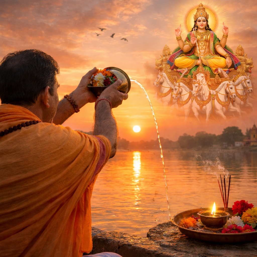 भानु सप्तमी व्रत में सूर्य देव की पूजा करते भक्त