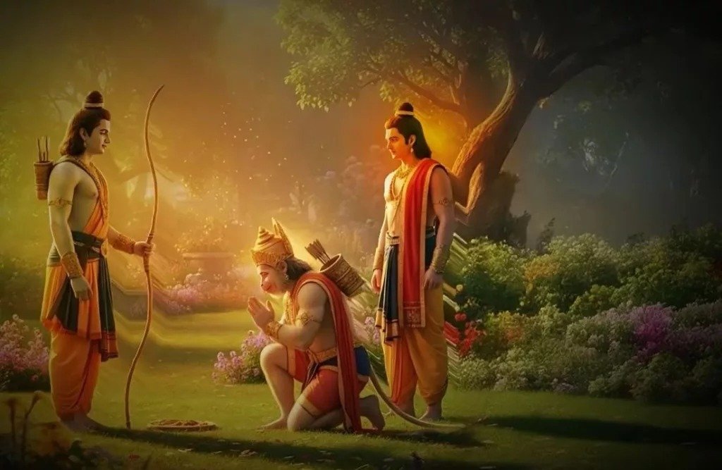 हनुमान जी अपना वक्षस्थल चीरकर हृदय में श्रीराम और सीता का दर्शन कराते हुए