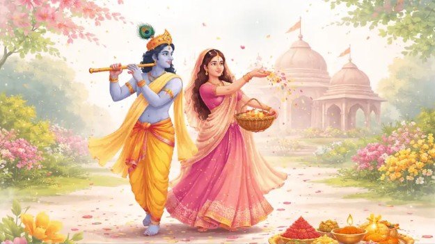 फुलेरा दूज पर राधा-कृष्ण की पूजा करते श्रद्धालु, पुष्प और अबीर-गुलाल से सजी वेदी