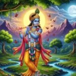 भगवान श्रीकृष्ण की मूर्ति के समक्ष मंत्र जप करते भक्त का शांत आध्यात्मिक दृश्य