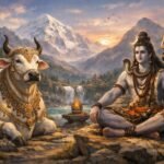 भगवान शिव के सामने ध्यानमग्न बैठे दिव्य वृषभ रूप में नंदी, पृष्ठभूमि में कैलास पर्वत का आध्यात्मिक दृश्य