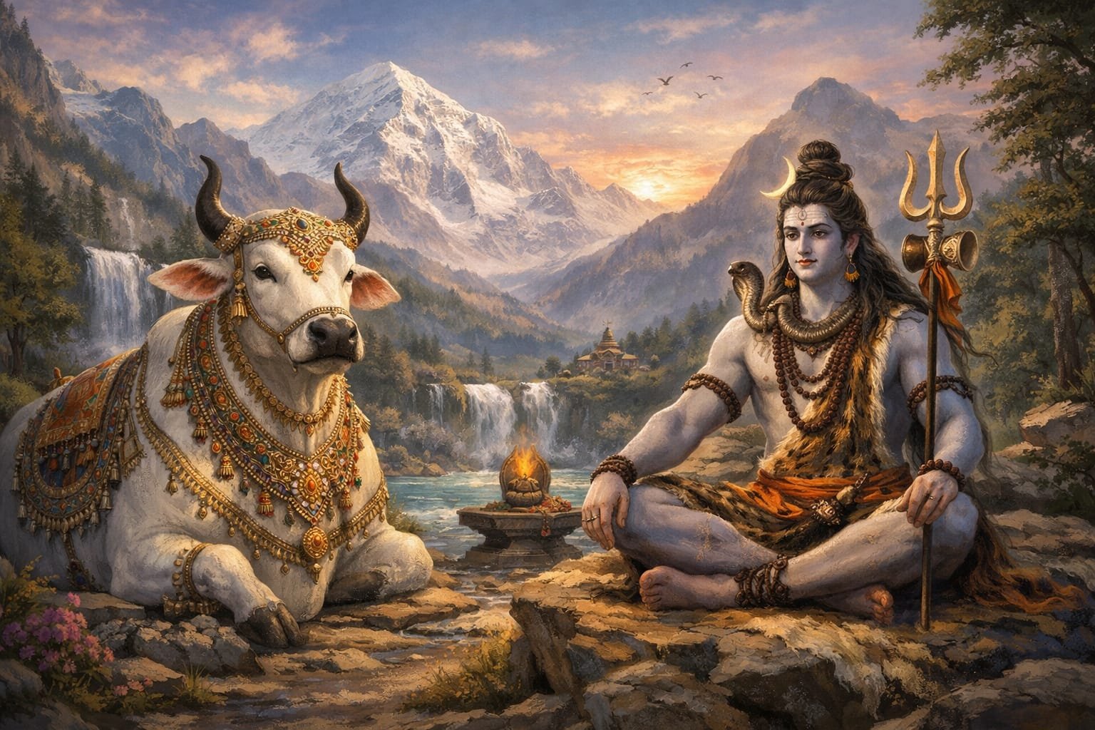 भगवान शिव के सामने ध्यानमग्न बैठे दिव्य वृषभ रूप में नंदी, पृष्ठभूमि में कैलास पर्वत का आध्यात्मिक दृश्य