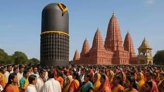 विराट रामायण मंदिर कैथवलिया बिहार में 33 फीट ऊंचे विश्व के सबसे बड़े शिवलिंग की प्राण प्रतिष्ठा का दृश्य