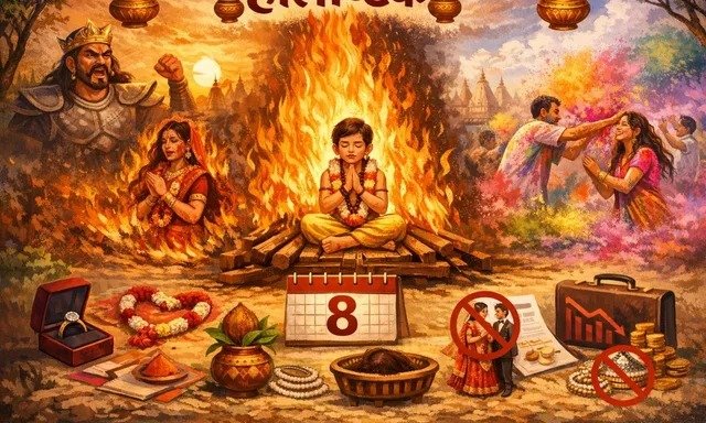 होलाष्टक के दौरान भगवान विष्णु और होलिका दहन पूजन का धार्मिक दृश्य