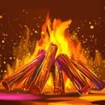 होलिका दहन की पूजा करते हुए लोग और अग्नि के चारों ओर होली की परंपरा