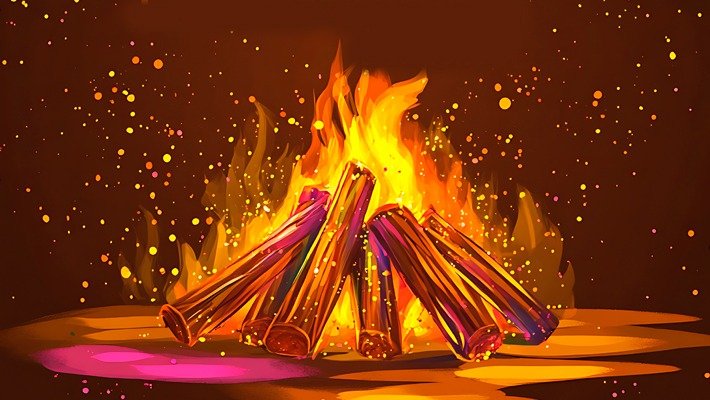 होलिका दहन की पूजा करते हुए लोग और अग्नि के चारों ओर होली की परंपरा