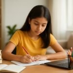 बच्चा वेस्ट-साउथ-वेस्ट दिशा में बैठकर पढ़ाई करते हुए, पास में सरस्वती माता की तस्वीर और सुव्यवस्थित स्टडी टेबल