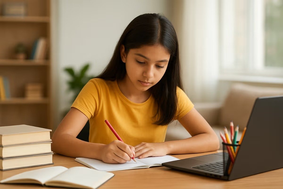 बच्चा वेस्ट-साउथ-वेस्ट दिशा में बैठकर पढ़ाई करते हुए, पास में सरस्वती माता की तस्वीर और सुव्यवस्थित स्टडी टेबल