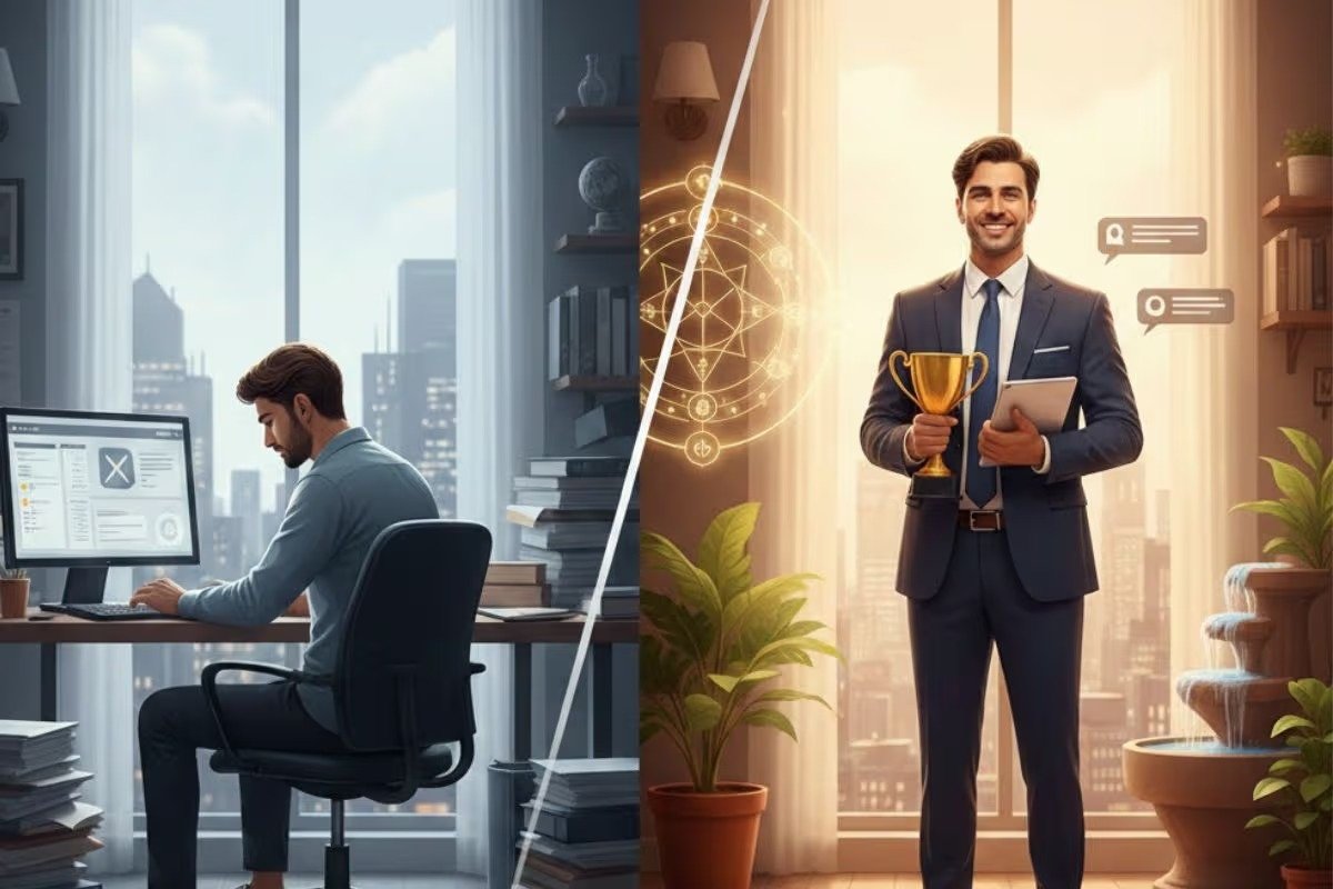 नौकरी में सफलता के लिए वास्तु उपाय करते हुए व्यक्ति उत्तर-पूर्व दिशा में दीपक जलाते हुए इंटरव्यू की तैयारी करते हुए