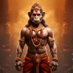 हनुमान जी द्वारा जलती हुई पूँछ से स्वर्णमयी लंका को अग्नि में दहकाते हुए, आकाश में विशाल रूप में कूदते हुए दृश्य।