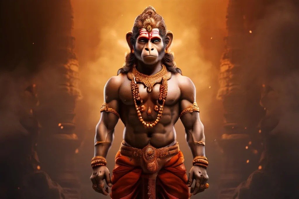 हनुमान जी द्वारा जलती हुई पूँछ से स्वर्णमयी लंका को अग्नि में दहकाते हुए, आकाश में विशाल रूप में कूदते हुए दृश्य।