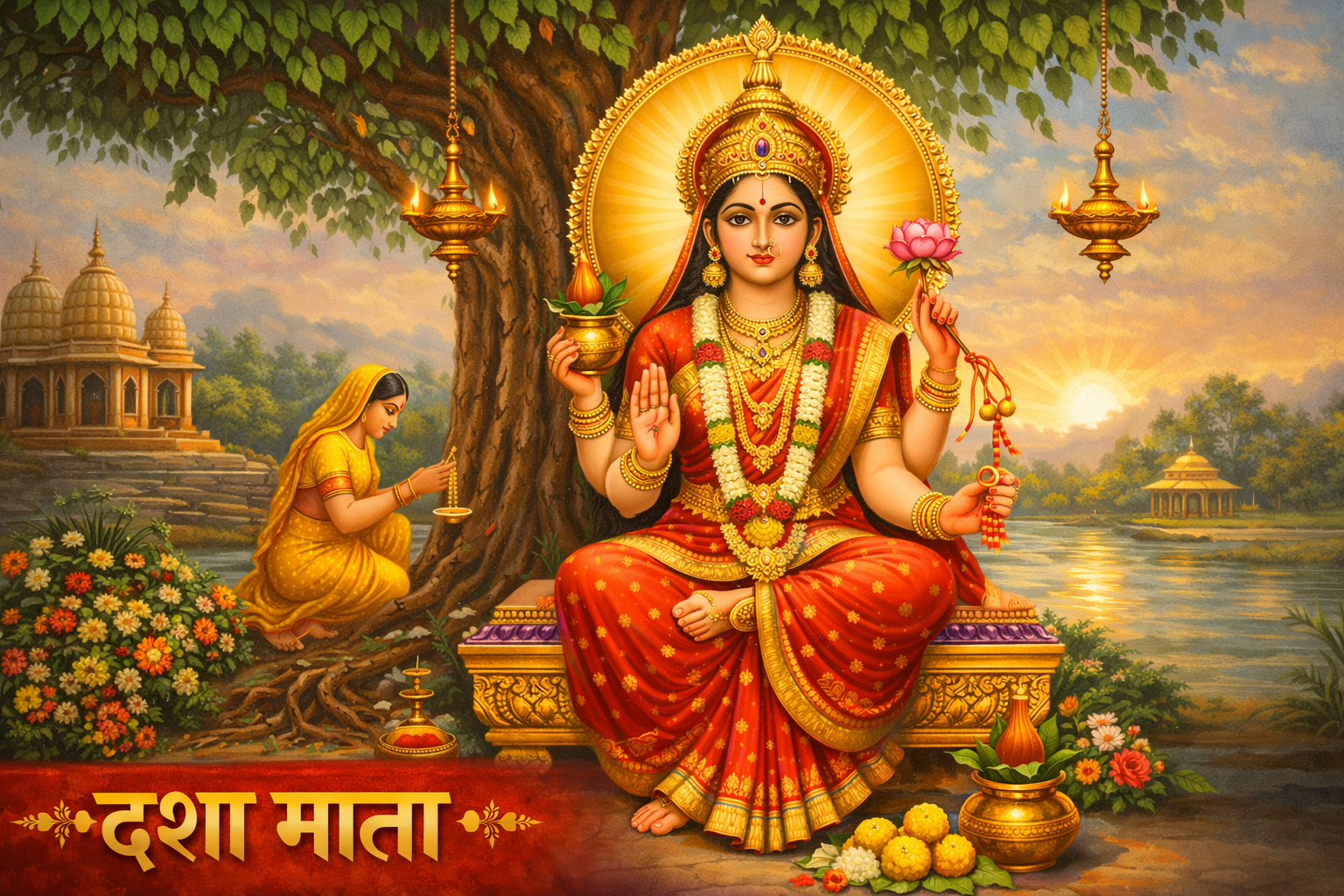 दशा माता व्रत के दिन पूजा करती हुई महिलाएं और पूजा की थाली