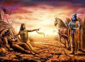 गांधारी अपने पुत्रों के शवों के सामने दुःखी होकर श्री कृष्ण को श्राप देती हुई