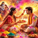 होली भाई दूज 2026 पर बहन अपने भाई के सिर पर तिलक लगा रही है, पूजा थाली और मिठाइयों के साथ