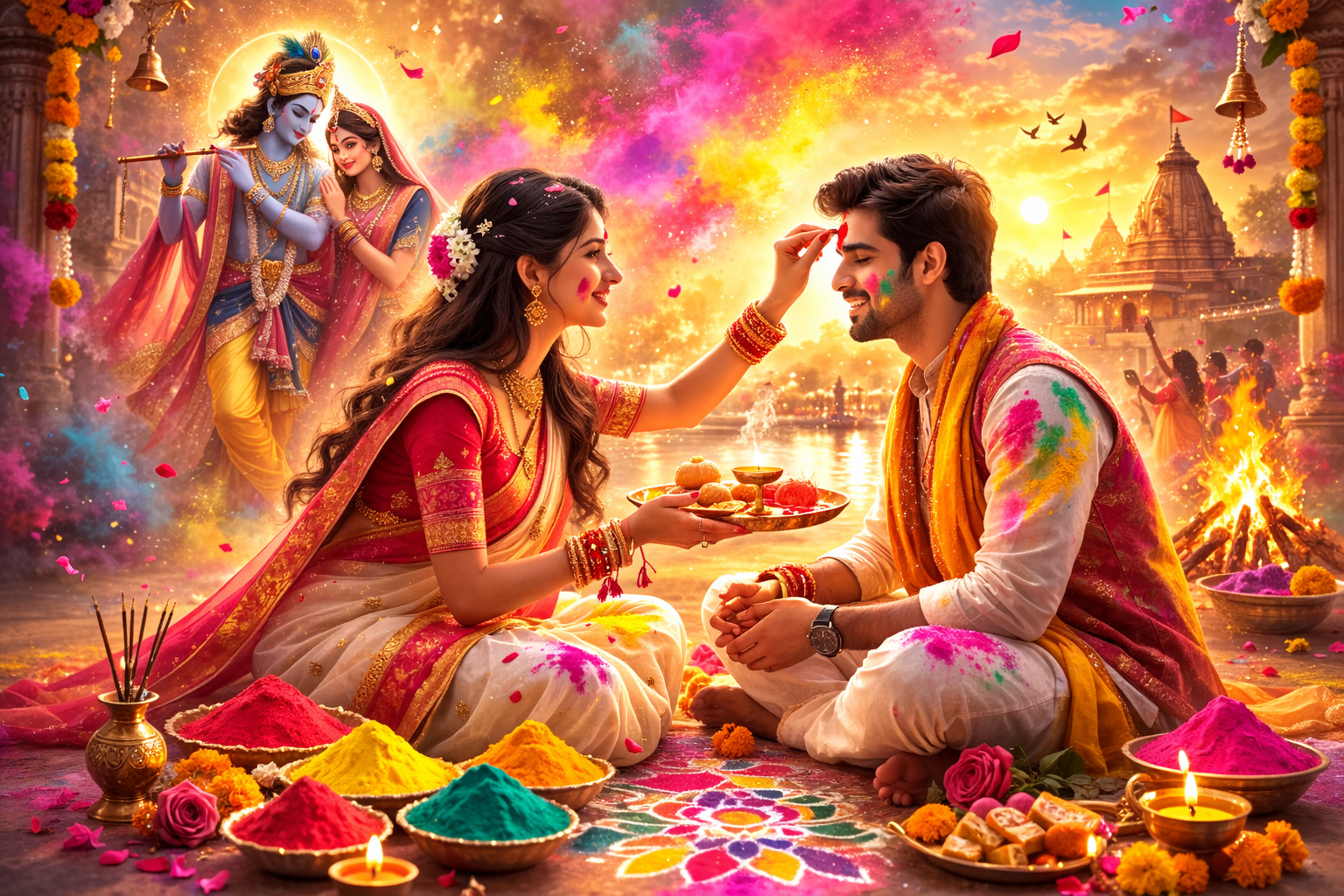 होली भाई दूज 2026 पर बहन अपने भाई के सिर पर तिलक लगा रही है, पूजा थाली और मिठाइयों के साथ