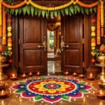 चैत्र नवरात्रि के दौरान घर के मुख्य द्वार पर आम के पत्तों का तोरण और दीपक