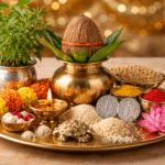 हिंदू नववर्ष पर घर में लाई जा रही शुभ वस्तुएं जैसे चांदी का सिक्का, तुलसी का पौधा और कमल का फूल
