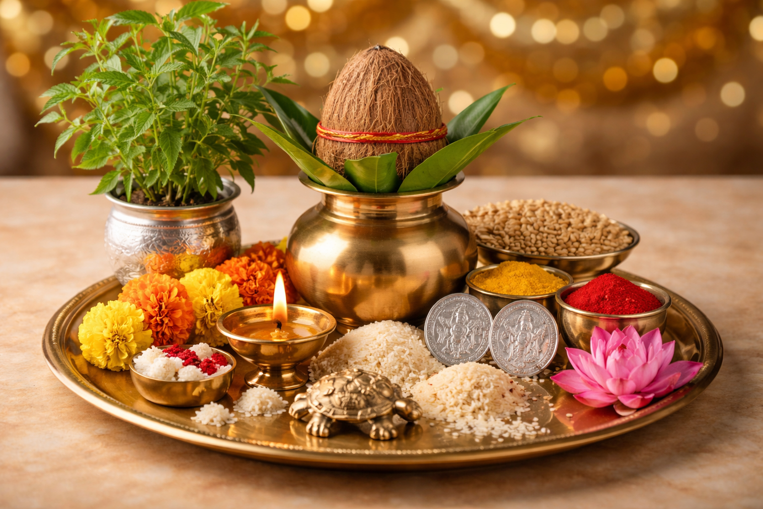 हिंदू नववर्ष पर घर में लाई जा रही शुभ वस्तुएं जैसे चांदी का सिक्का, तुलसी का पौधा और कमल का फूल
