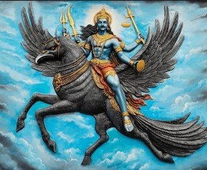 भगवान शनि देव की प्रतिमा, काले वस्त्र और न्याय के प्रतीक तराजू के साथ आध्यात्मिक दृश्य