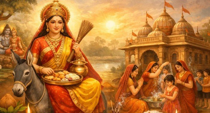 शीतला अष्टमी पर माता शीतला की पूजा और बसौड़ा भोग अर्पित करते श्रद्धालु