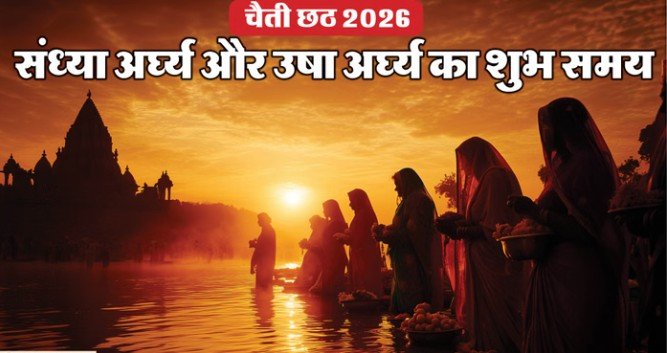 चैती छठ 2026 संध्या अर्घ्य सूर्य पूजा घाट व्रती अर्घ्य देते हुए