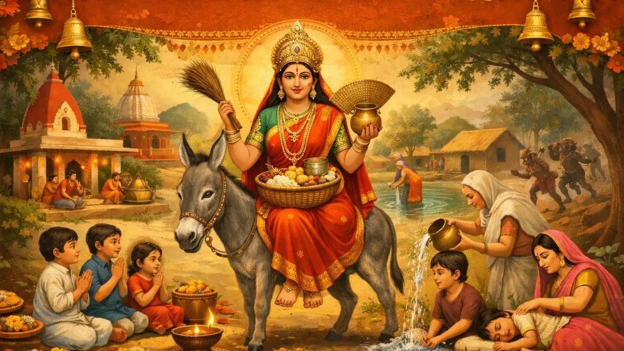 माता शीतला की पूजा करते भक्त और बसौड़ा पूजा में चढ़ाया गया बासी भोजन प्रसाद