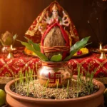 चैत्र नवरात्रि में घर की सफाई और पूजा करते परिवार के सदस्य, हरे-भरे पौधे और सजावट के साथ।