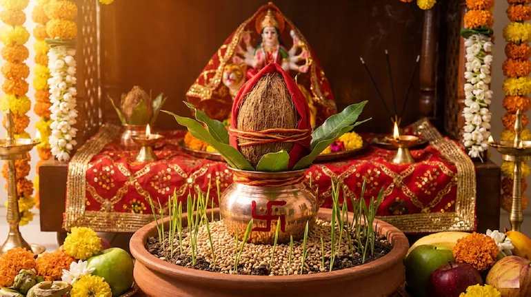 चैत्र नवरात्रि में घर की सफाई और पूजा करते परिवार के सदस्य, हरे-भरे पौधे और सजावट के साथ।