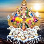 सूर्य देव को अर्घ्य देते हुए भक्त और सूर्य मंत्र का जप