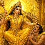 माता बगलामुखी का दिव्य पीत स्वरूप और स्तंभन शक्ति दर्शाता आध्यात्मिक चित्र