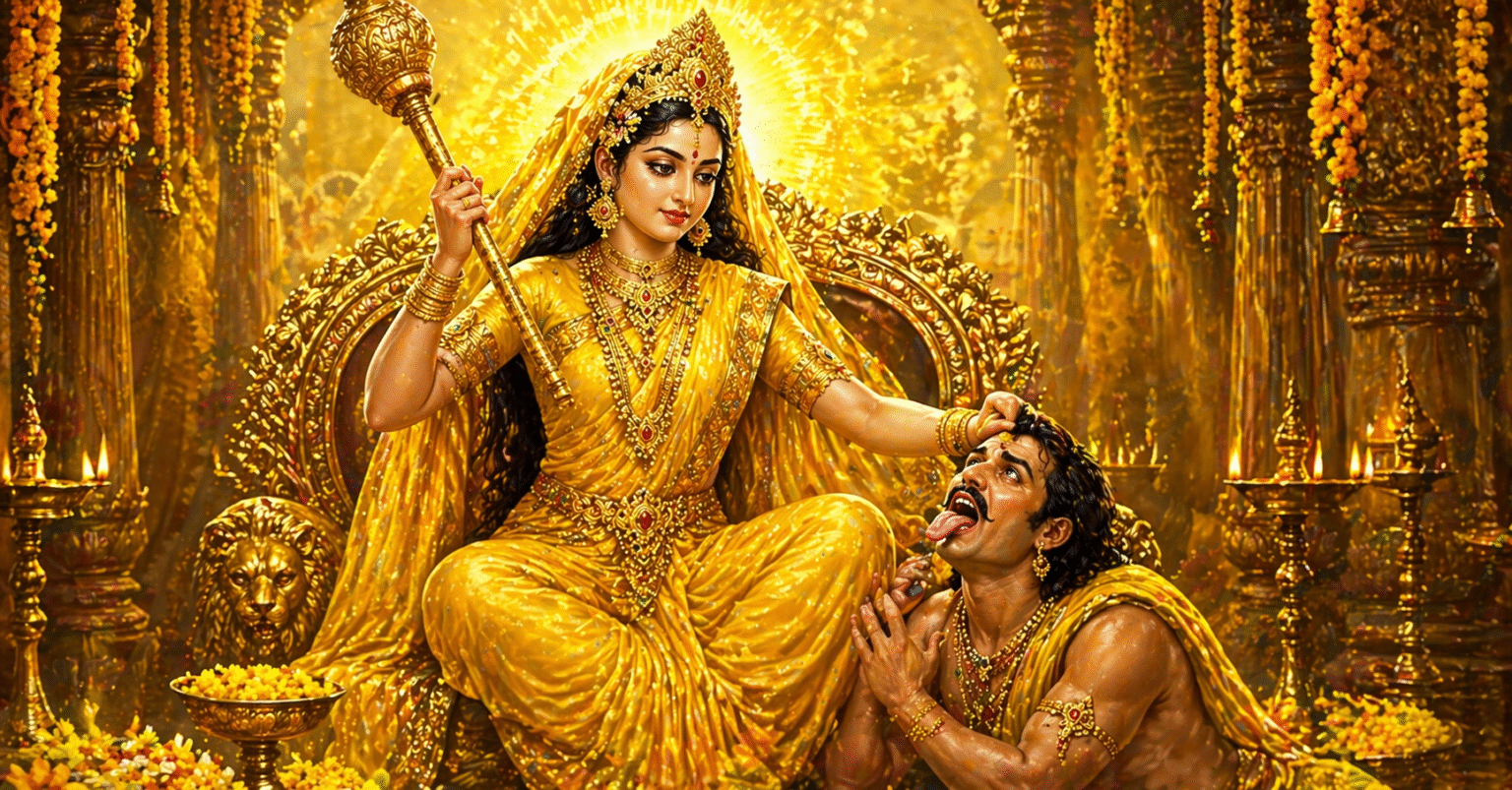 माता बगलामुखी का दिव्य पीत स्वरूप और स्तंभन शक्ति दर्शाता आध्यात्मिक चित्र