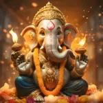 गणेश जी बाल रूप में बुढ़िया के घर खीर बनवाते हुए, बड़ा बर्तन खीर से भरता हुआ और परिवार प्रसन्न मुद्रा में।