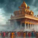 मंदिर दर्शन के बाद शांत बैठा व्यक्ति भगवान का स्मरण करते हुए