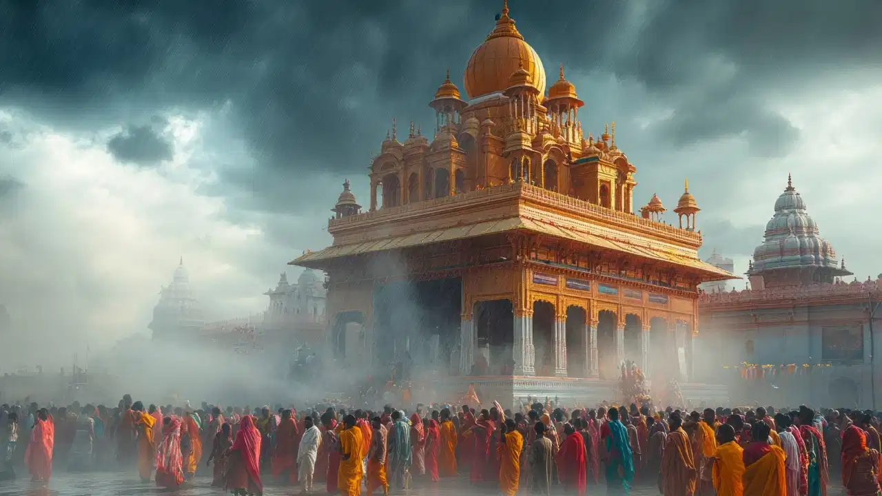 मंदिर दर्शन के बाद शांत बैठा व्यक्ति भगवान का स्मरण करते हुए