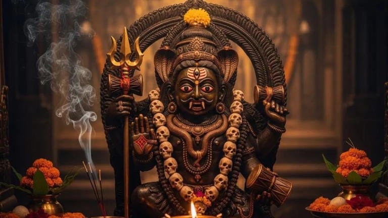 कालाष्टमी व्रत पर भगवान काल भैरव की पूजा करते भक्त, दीपक और मंत्र जाप का दृश्य