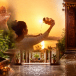 सुबह पूजा करते हुए महिला, तुलसी पूजन और सूर्य को अर्घ्य देते हुए सकारात्मक ऊर्जा का दृश्य