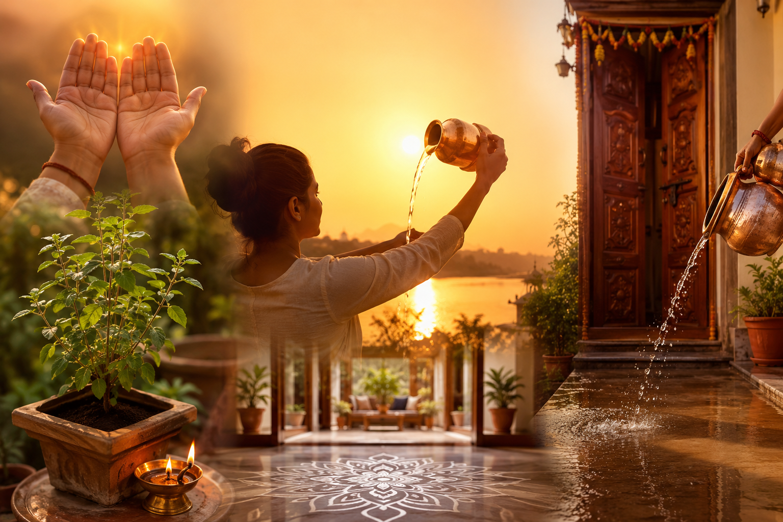 सुबह पूजा करते हुए महिला, तुलसी पूजन और सूर्य को अर्घ्य देते हुए सकारात्मक ऊर्जा का दृश्य