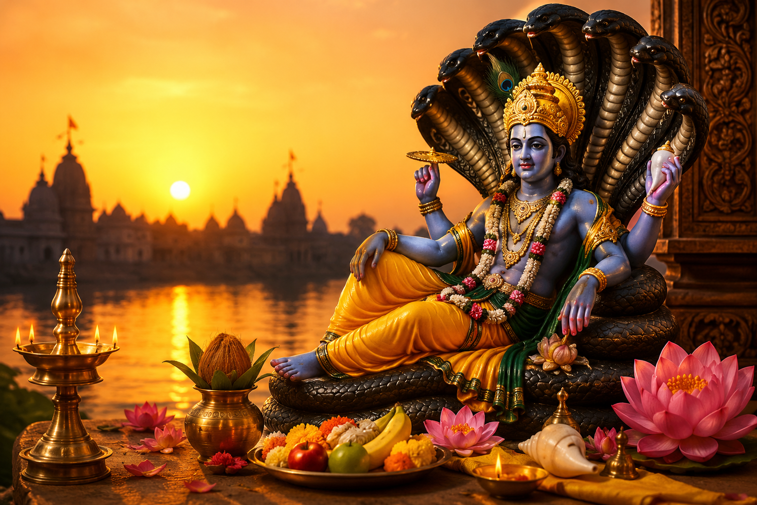 “अपरा एकादशी 2026 पर भगवान विष्णु की पूजा करते श्रद्धालु, तुलसी दल और दीपक के साथ धार्मिक दृश्य”
