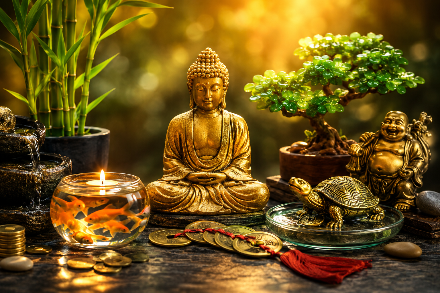 फेंगशुई उपायों के साथ सजा घर, लाफिंग बुद्धा, मनी प्लांट, धातु का कछुआ और चीनी सिक्कों से बढ़ती सकारात्मक ऊर्जा