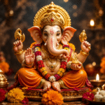 भगवान गणेश की प्रतिमा के सामने वरदा विनायक चतुर्थी पर पूजा करते श्रद्धालु