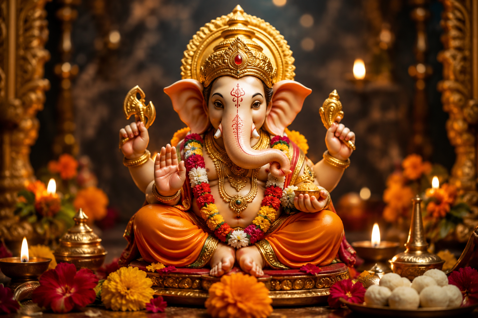 भगवान गणेश की प्रतिमा के सामने वरदा विनायक चतुर्थी पर पूजा करते श्रद्धालु