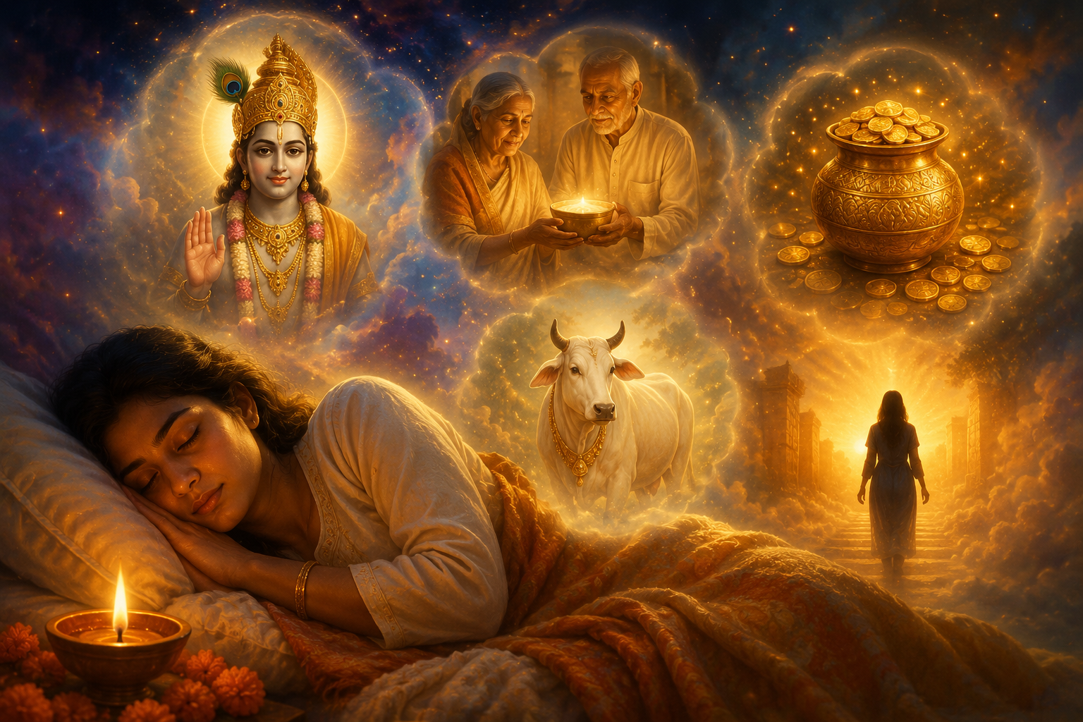 देवी-देवताओं के दर्शन, सफेद गाय और धन से भरे कलश जैसे शुभ सपनों का स्वप्न शास्त्र में महत्व