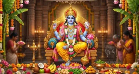 भगवान विष्णु की पूजा और अपरा एकादशी व्रत की विधि, पूजा सामग्री और धार्मिक अनुष्ठान दर्शाता चित्र